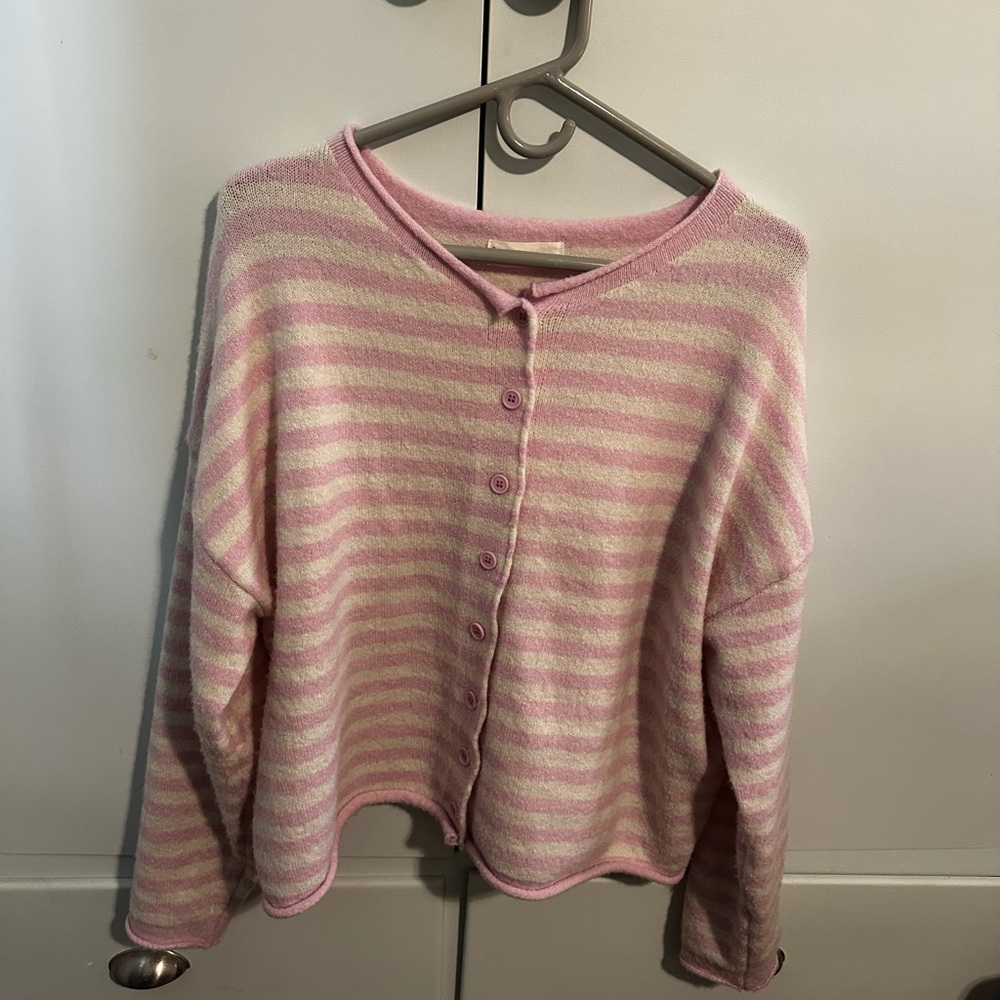 Together Pink and Cream Striped Button-Front Cardigan